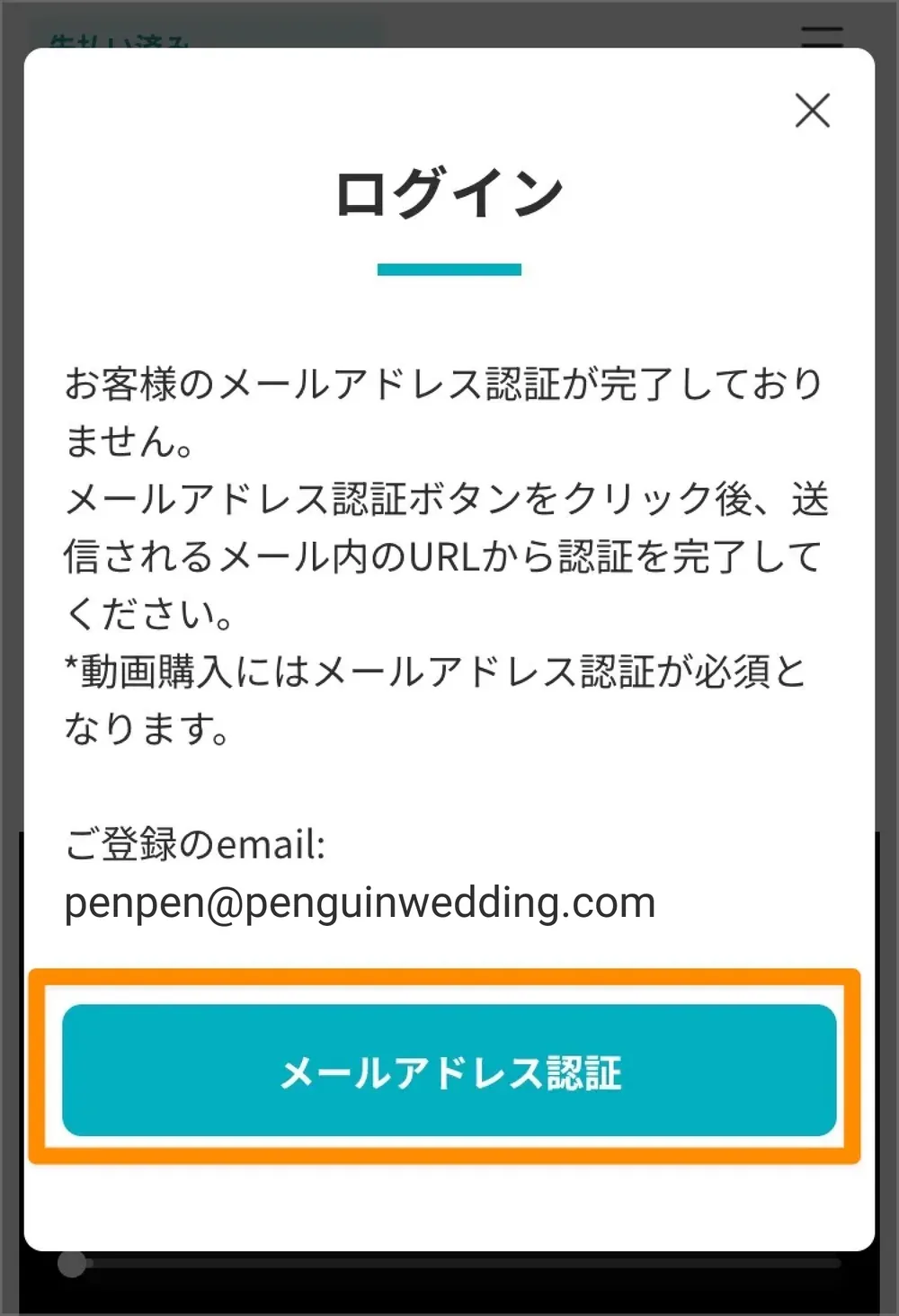 メールアドレス認証を促すログインダイアログ
