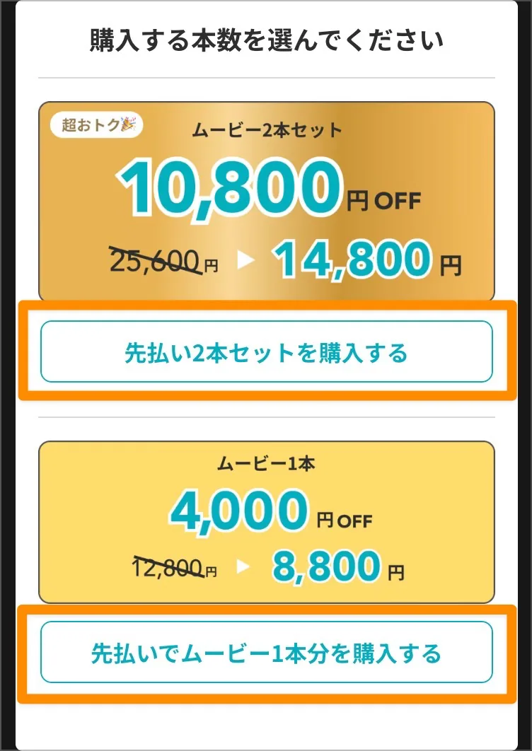 2本セットと1本の先払い購入プランと割引価格の選択画面